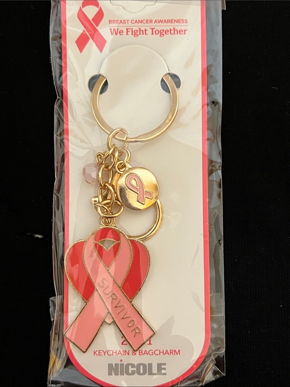 2-in-1 Breast Cancer Awareness Survivor Keychain Bag Charm in gold tone